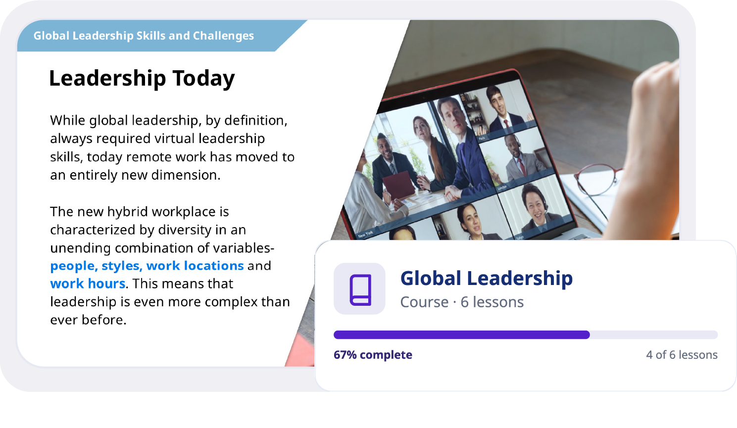 CultureWizard Global Leadership course slide on leading teams in a hybrid workplace